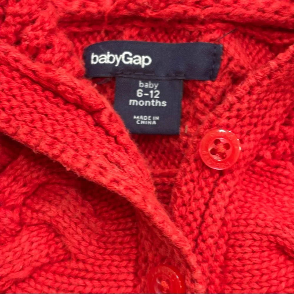 Baby Gap Girls Red Knit Cardigan Sweater w/ Hood Button-up Cotton 6-12 months